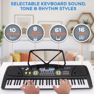 Pyle Electric Keyboard 61 Keys-Portable Digital Musical Karaoke Piano Keyboard-10 Rhythms 16 Tones, Stereo Speakers, Rechargeable Battery-Wired Microphone-Beginners Kids (PKBRD6112)