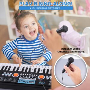 Pyle, Electric 49 Keys-Portable Digital Musical Karaoke Piano Keyboard-8 Rhythms 16 Tones, Stereo Speakers, Rechargeable Battery-Wired Microphone-Beginners Kids PKBRD4113 Black, Compact