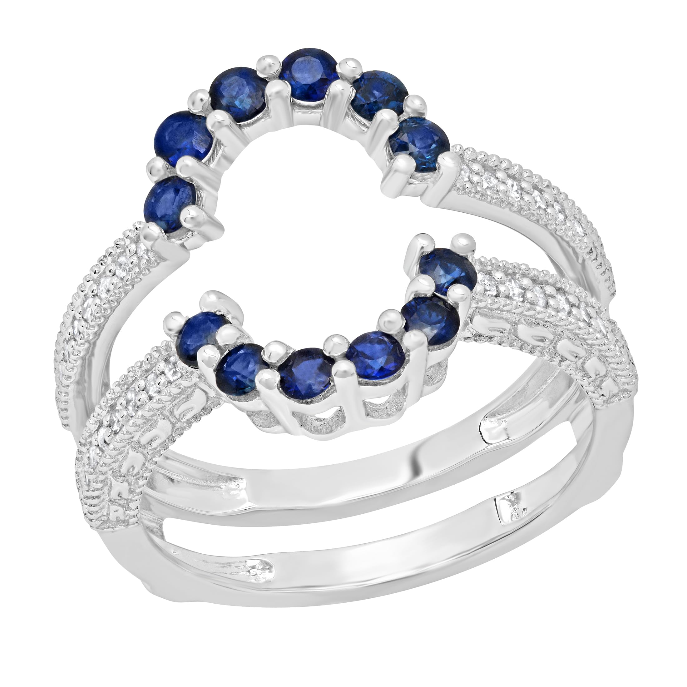 Dazzlingrock Collection Round Blue Sapphire & White Diamond Ladies Enhancer Curved Double Guard Matching Wedding Band | 925 Sterling Silver, Size 8