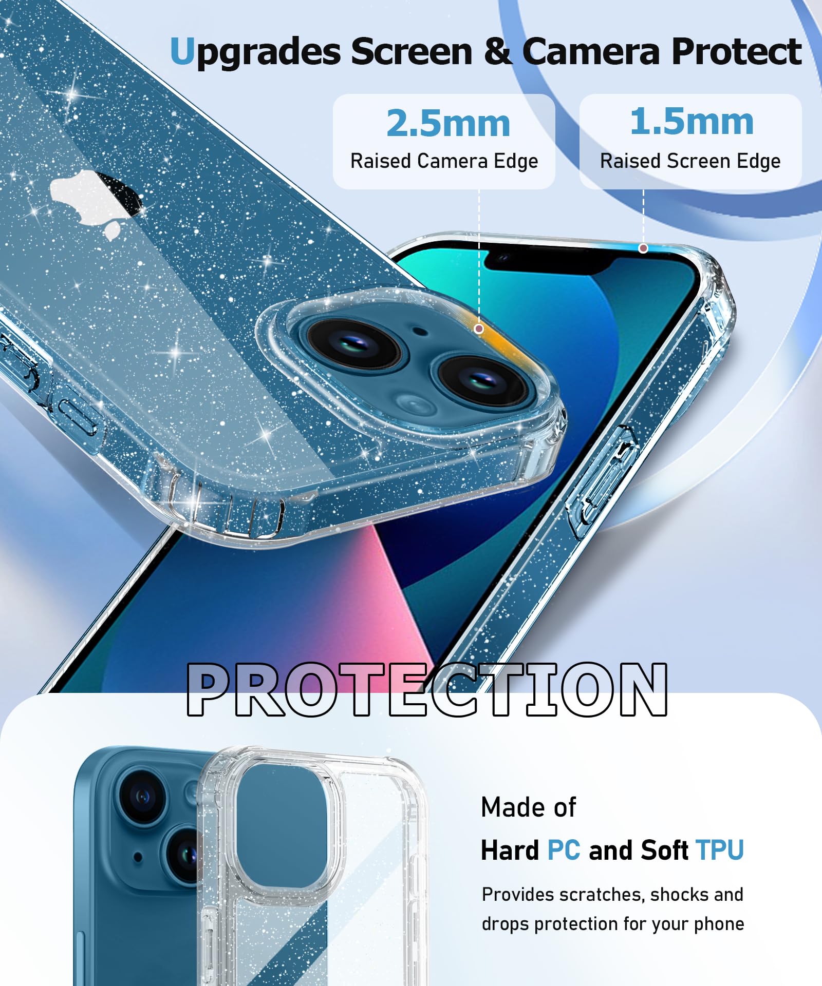 MIODIK for iPhone 13 Case with Screen Protector + Camera Lens Protector, Clear Glitter [Non Yellowing] Shockproof Protective Phone Case, Slim Women Girls iPhone 13 Cover 6.1 inch - Sparkle Clear