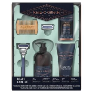 King C. Gillette Grooming Kit, 1 Razor with 2 Blade Refills,1 Oz Beard Oil, 11 Oz Beard Wash, 5 Oz Shave Gel, 1 Comb