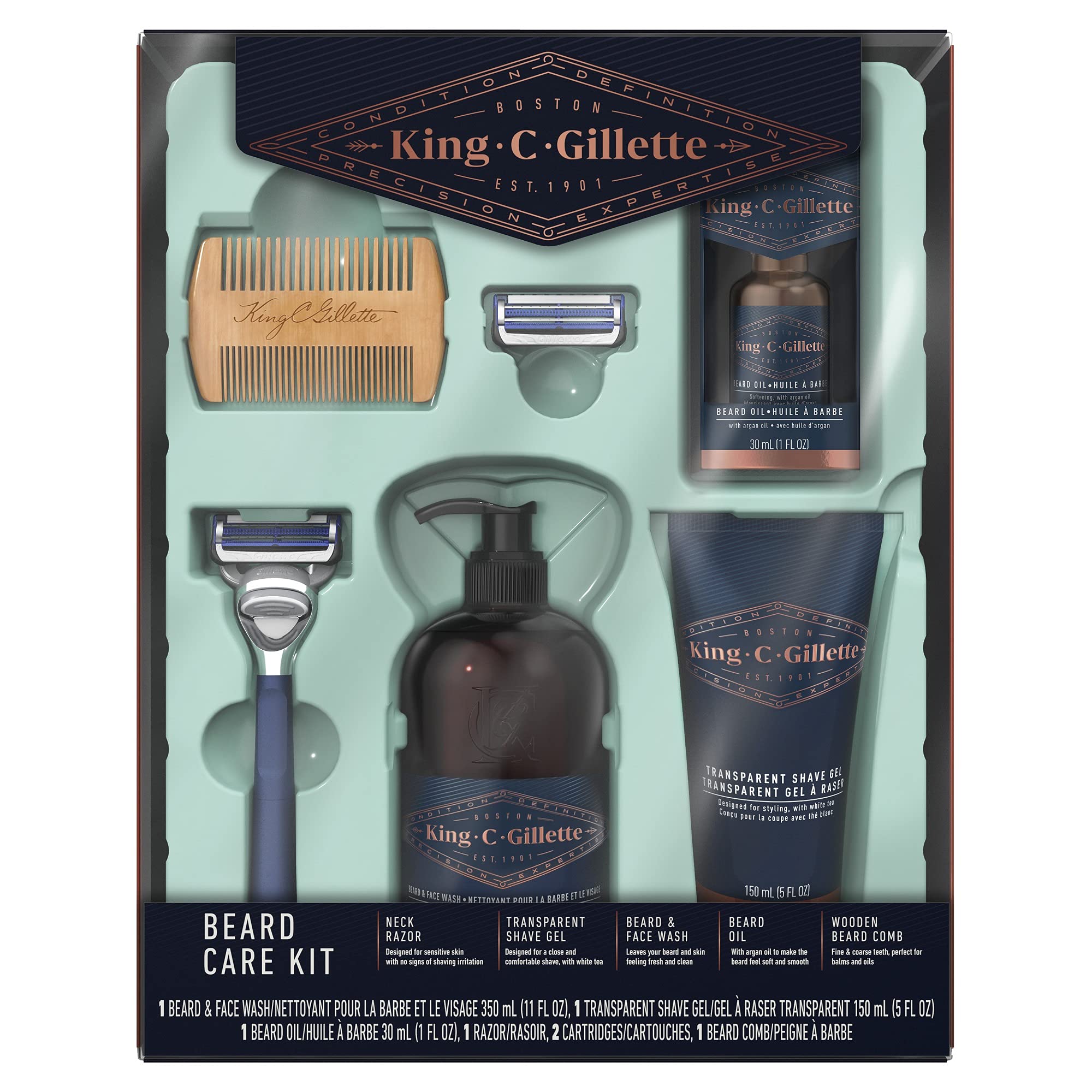 King C. Gillette Grooming Kit, 1 Razor with 2 Blade Refills,1 Oz Beard Oil, 11 Oz Beard Wash, 5 Oz Shave Gel, 1 Comb