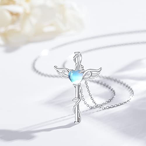 Midir&Etain Angel Necklace 925 Sterling Silver Moonstone Angel Wings Cross Pendant Necklace Hypoallergenic Moonstone Angel Cross Jewelry Gift for Women