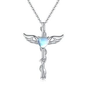 Midir&Etain Angel Necklace 925 Sterling Silver Moonstone Angel Wings Cross Pendant Necklace Hypoallergenic Moonstone Angel Cross Jewelry Gift for Women