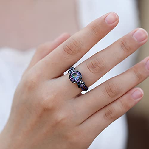 Tsnamer Gothic Black Rings for Women, Mystic Rainbow Topaz with Created Amethyst Flower Goth Black Gold Wedding Engagement Ring Size 6 to 11