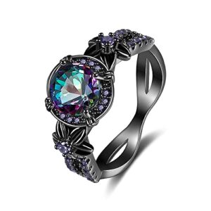 Tsnamer Gothic Black Rings for Women, Mystic Rainbow Topaz with Created Amethyst Flower Goth Black Gold Wedding Engagement Ring Size 6 to 11