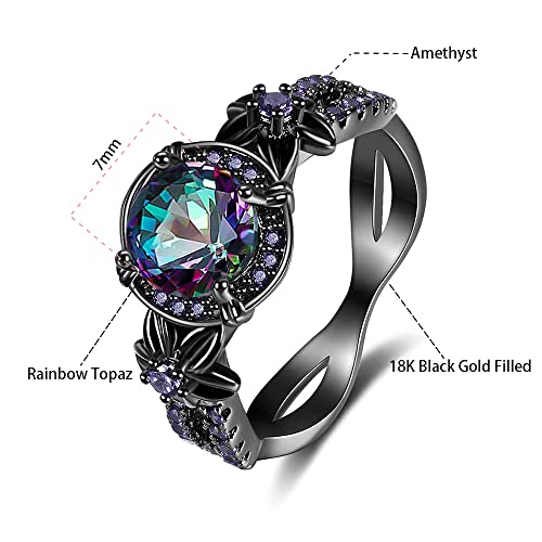 Tsnamer Gothic Black Rings for Women, Mystic Rainbow Topaz with Created Amethyst Flower Goth Black Gold Wedding Engagement Ring Size 6 to 11