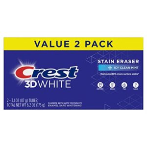 Crest 3D White Stain Eraser Teeth Whitening Toothpaste, ICY Clean Mint, 3.1 oz, Pack of 2