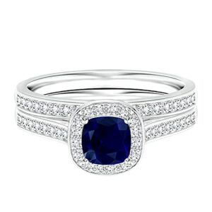 0.75 Ctw Cushion Cut Blue Sapphire Gemstone 925 Sterling Silver Solitaire Accents Bridal Set Ring (Sterling Silver, 10)