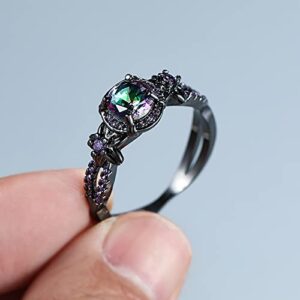 Tsnamer Gothic Black Rings for Women, Mystic Rainbow Topaz with Created Amethyst Flower Goth Black Gold Wedding Engagement Ring Size 6 to 11