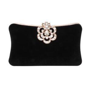 Mulian LilY Black Velvet Evening Bags For Women With Flower Closure Rhinestone Crystal Embellished Clutch Purse For Party Wedding M453