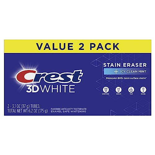 Crest 3D White Stain Eraser Teeth Whitening Toothpaste, ICY Clean Mint, 3.1 oz, Pack of 2