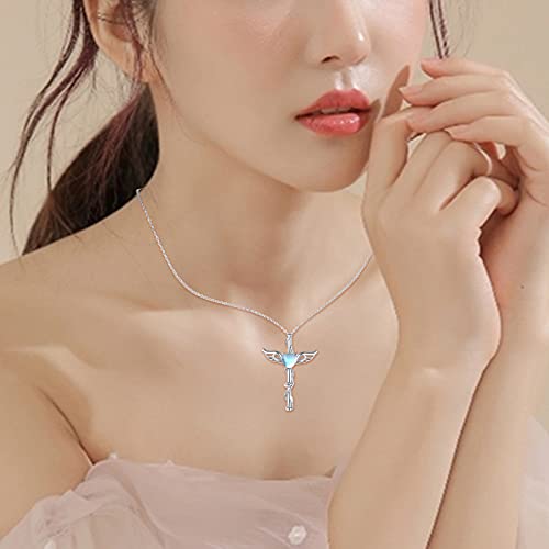 Midir&Etain Angel Necklace 925 Sterling Silver Moonstone Angel Wings Cross Pendant Necklace Hypoallergenic Moonstone Angel Cross Jewelry Gift for Women