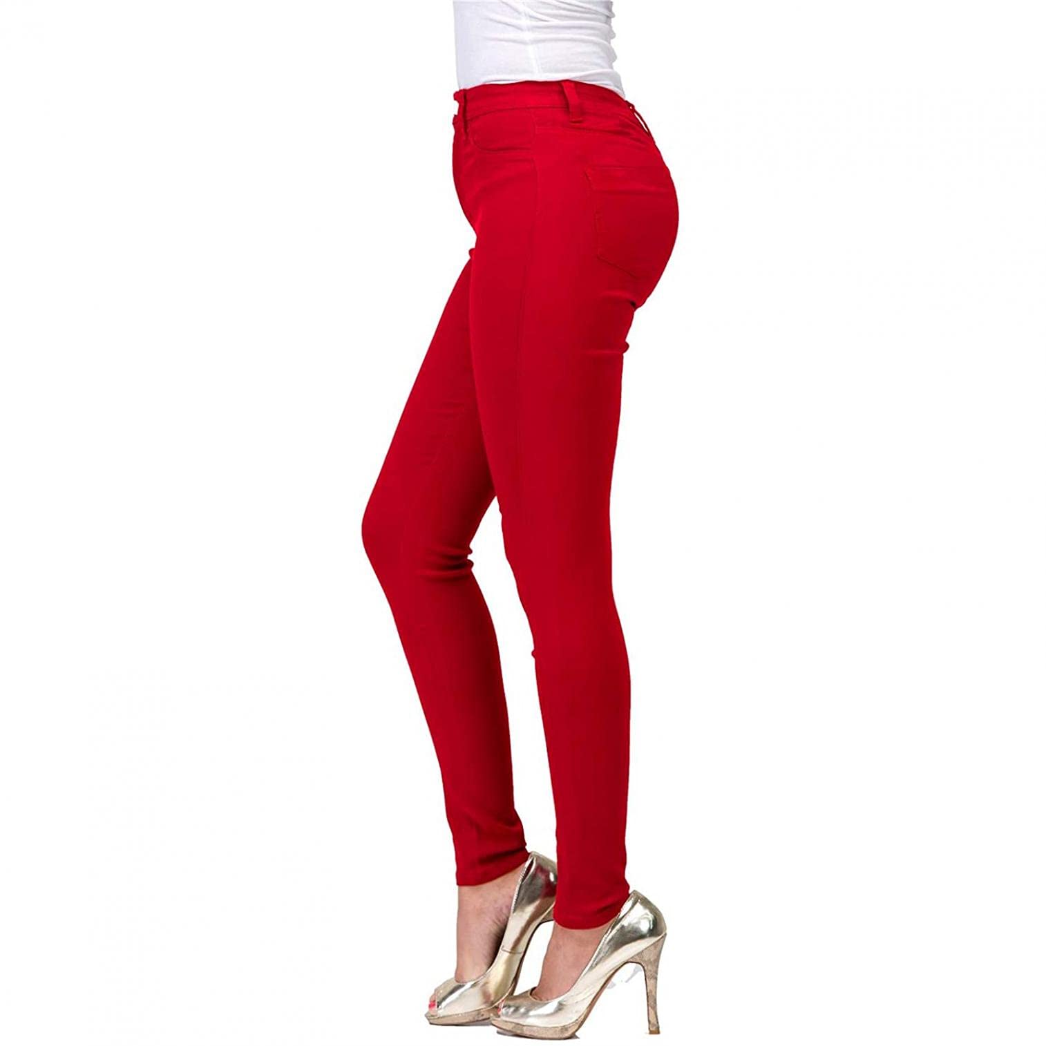 WUAI-Women Capri Jeggings High Wasit Pull-On Stretchy Slim Fit Skinny Jeans Denim Pants Slimming Leggings with Pockets(Red,Medium)