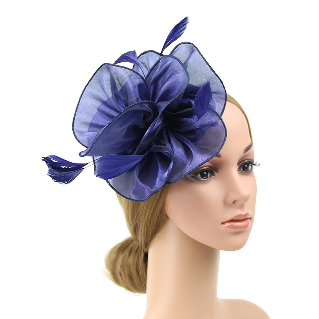 Women Organza Fascinator Hat Flower Feather Fascinators Tea Party Hat Headwear Fascinator Headband for Wedding Evening Church Navy