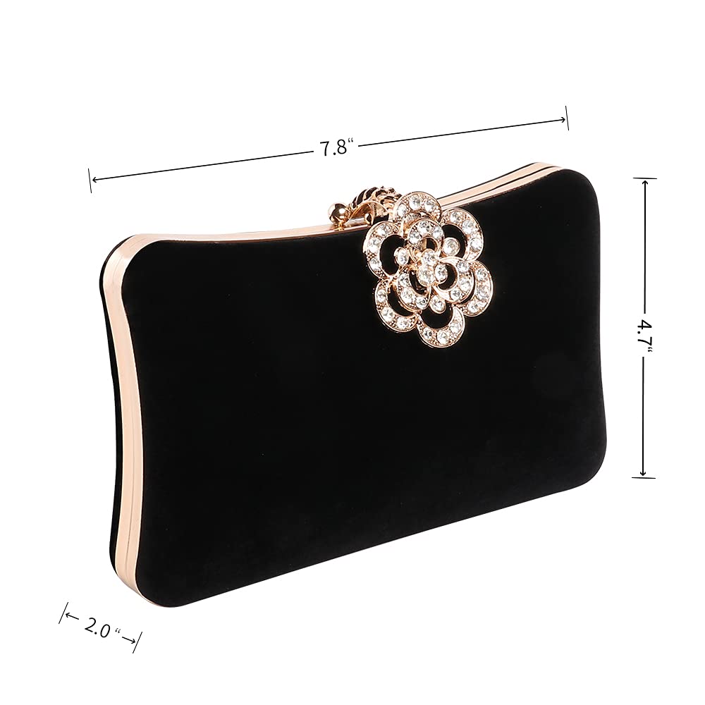 Mulian LilY Black Velvet Evening Bags For Women With Flower Closure Rhinestone Crystal Embellished Clutch Purse For Party Wedding M453