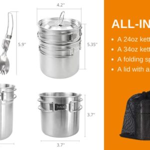 BeGrit Camping Pots Camping Cups and Mugs 304 Stainless Steel with Folding Spoon, Vented Lids