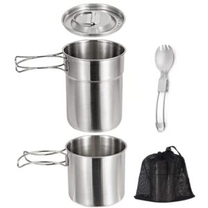 BeGrit Camping Pots Camping Cups and Mugs 304 Stainless Steel with Folding Spoon, Vented Lids