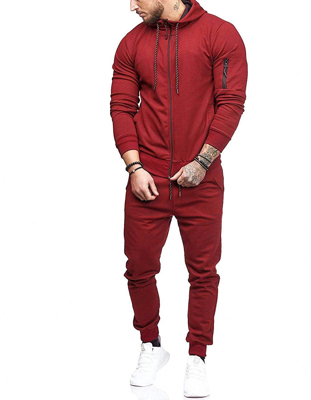 THWEI Mens Tracksuit 2 Piece Sweatsuit Sets Casual Hoodie Jogging Athletic Suits Burgundy M