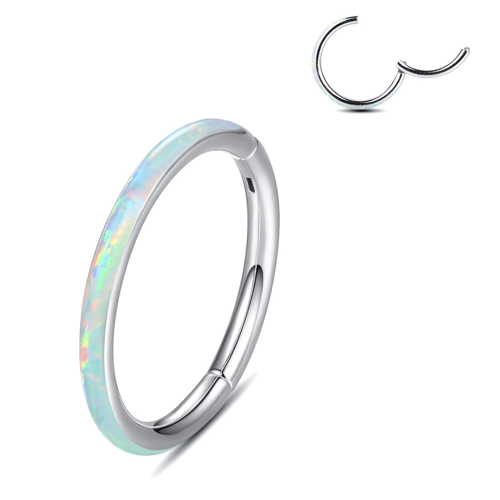 WYR Unisex Nose Ring Hoop with White Opal 20G(0.8mm) Diameter 10mm 316L Surgical Stainless Steel Hinged Flat Hinged Segment Ring Lip Rings Helix Cartilage Rook Earrings, Silver color ring