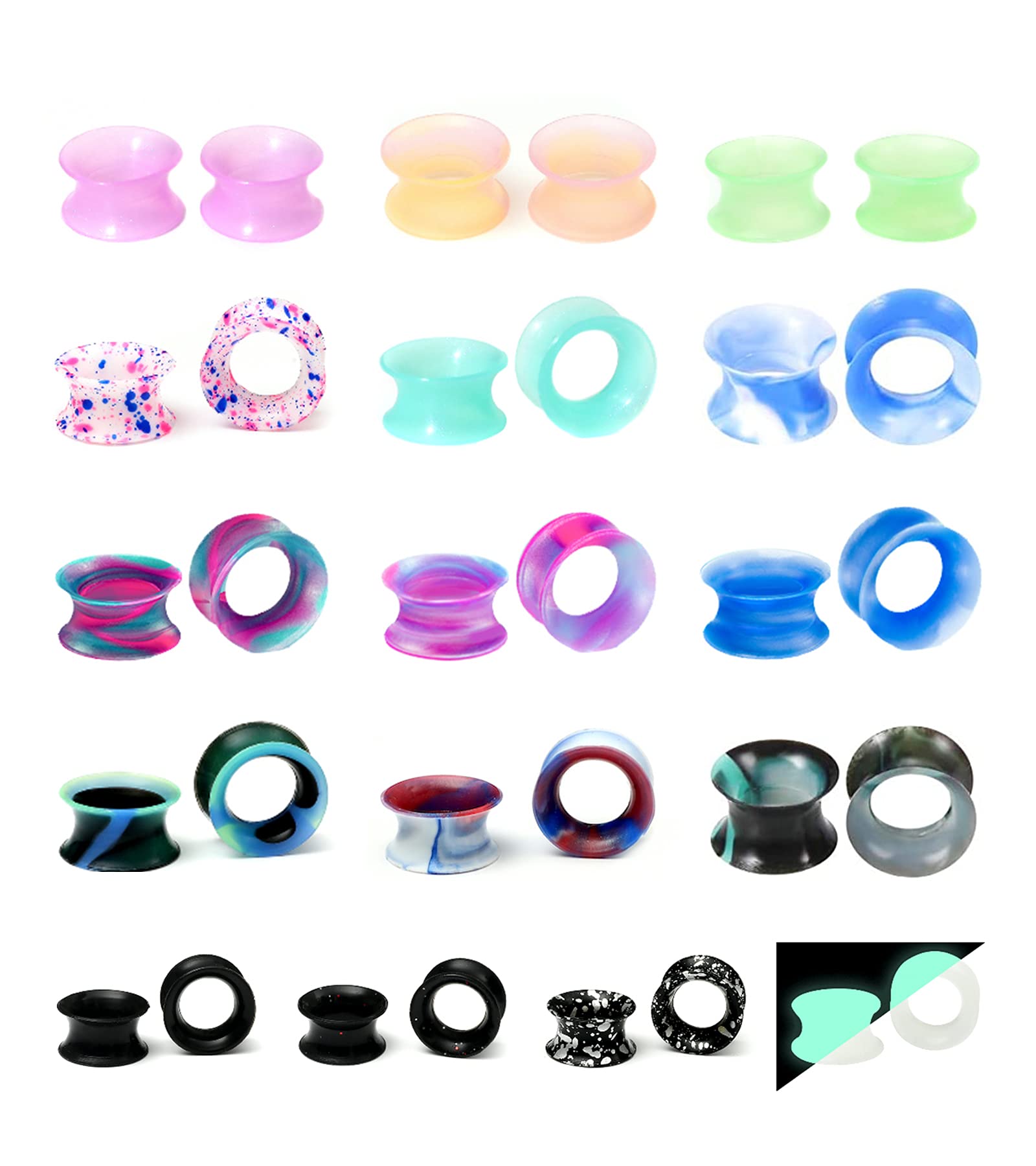 WYR 32PCS Hollow Double Flared Hard Silicone Ear Tunnels and Plugs Ear Gauges Expander Stretcher Body Piercing Jewelry 0g(8mm)