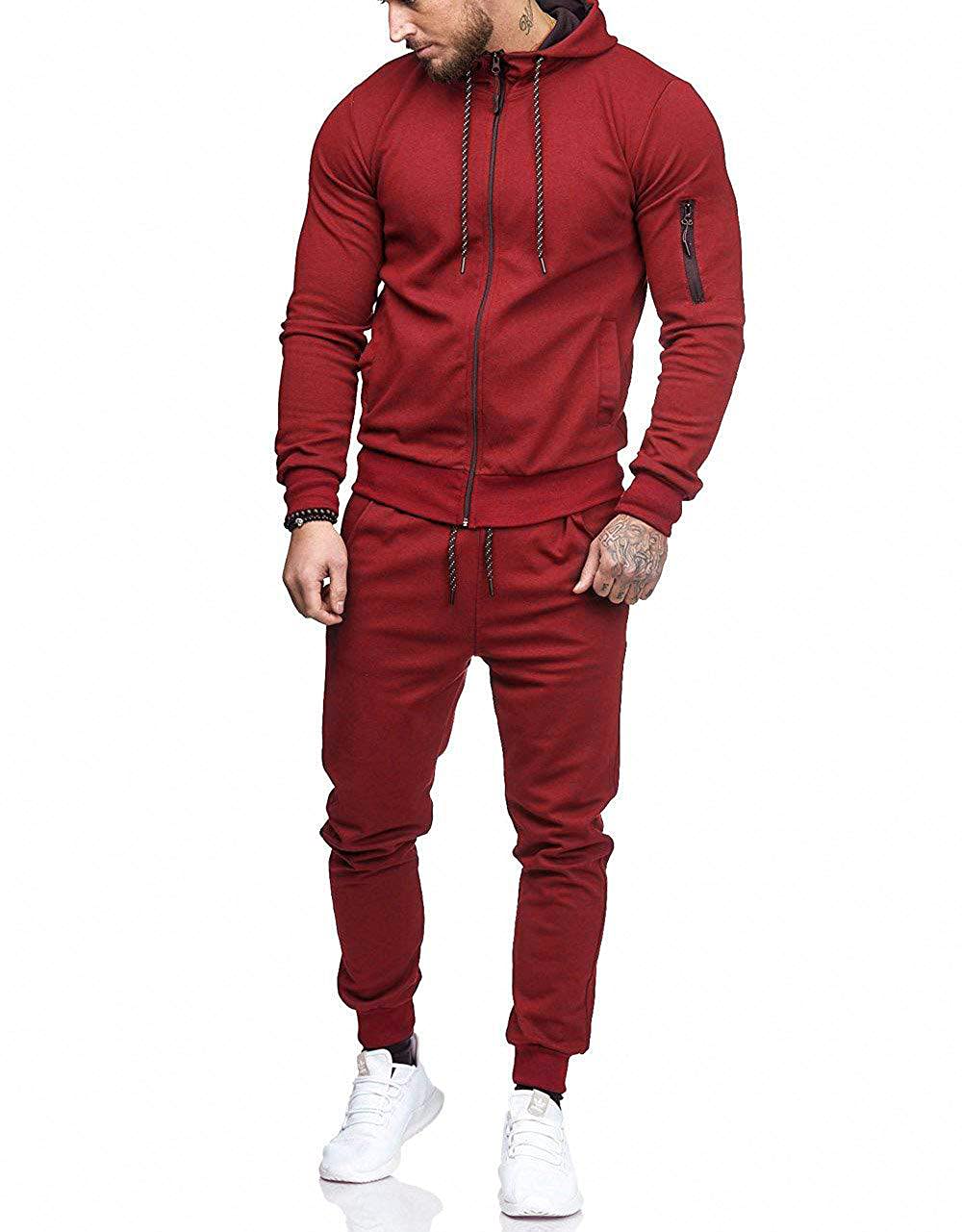 THWEI Mens Tracksuit 2 Piece Sweatsuit Sets Casual Hoodie Jogging Athletic Suits Burgundy M