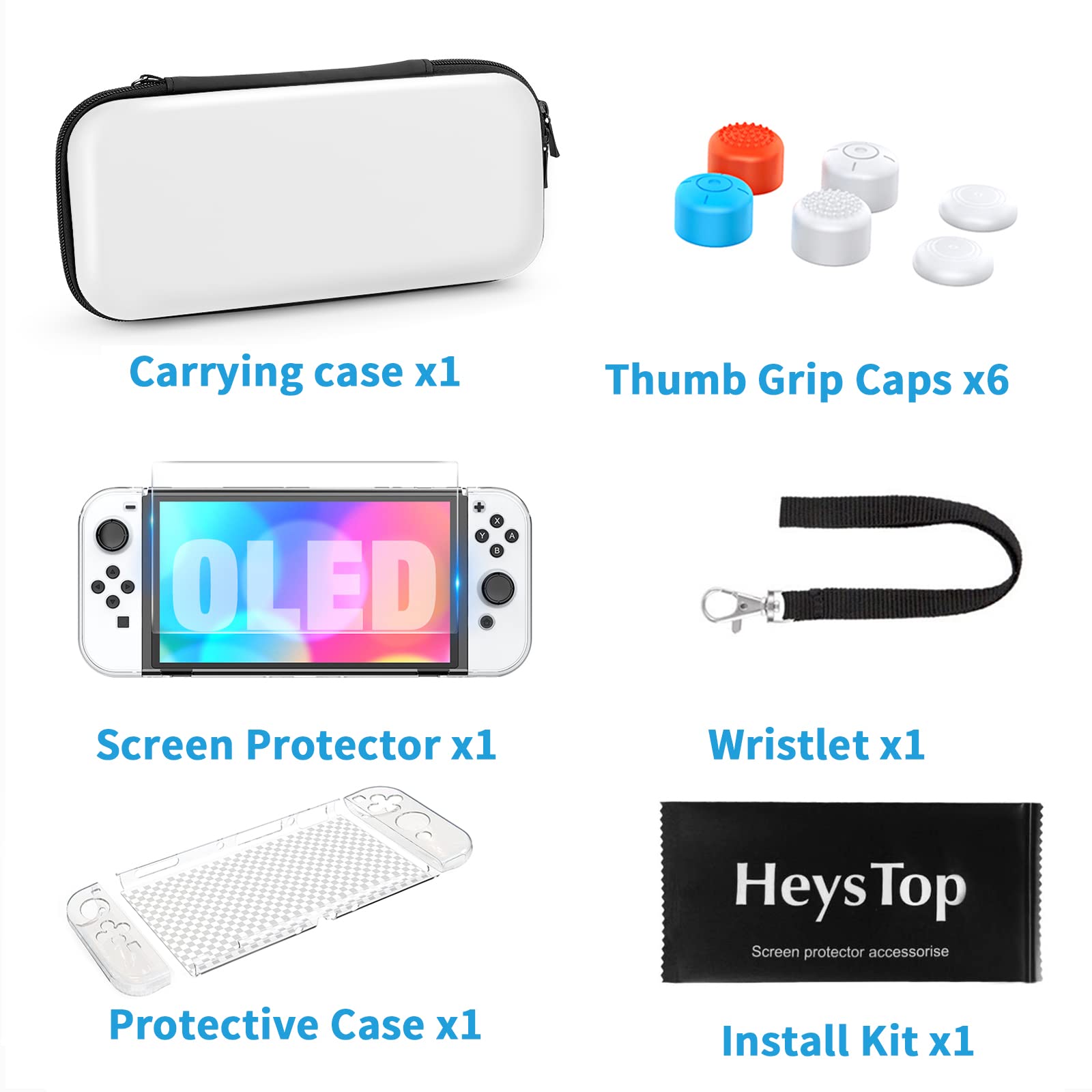 HEYSTOP Nintendo Switch OLED Carrying Case, 9 in 1 Accessories Kit for 2021 Nintendo Switch OLED with Dockable Protective Case Cover, HD Switch Screen Protector and Thumb Grip Caps (White)