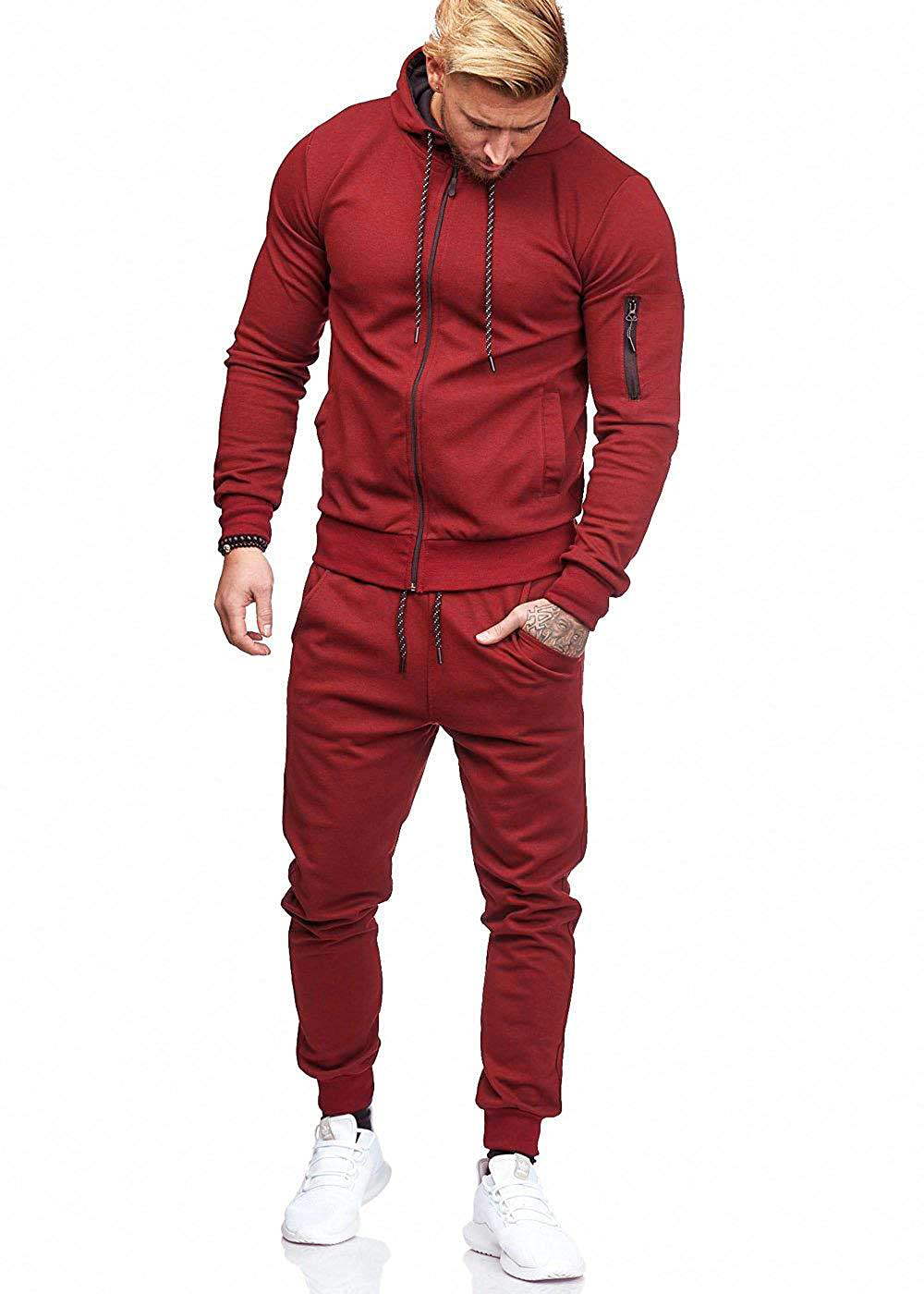 THWEI Mens Tracksuit 2 Piece Sweatsuit Sets Casual Hoodie Jogging Athletic Suits Burgundy M