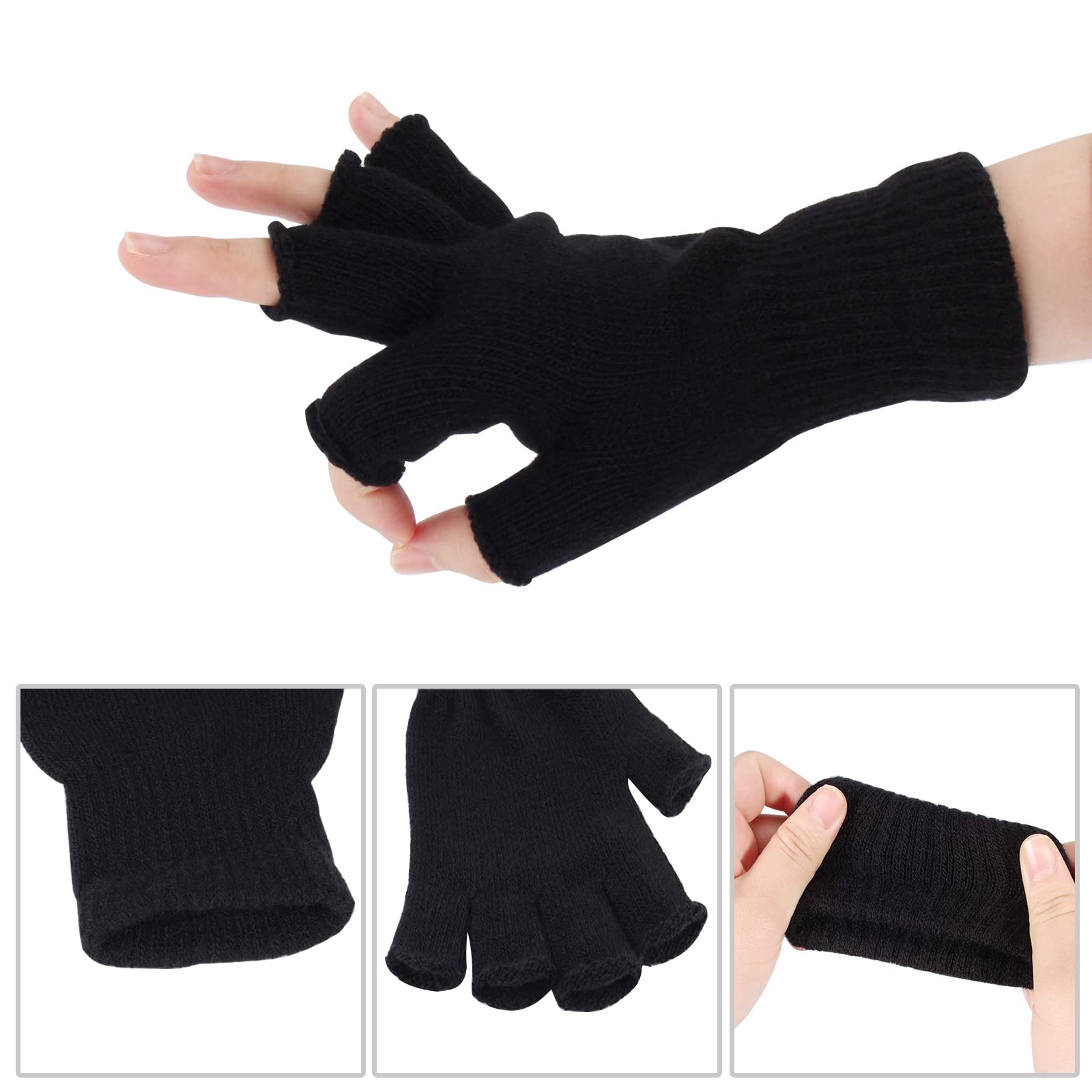 Sumfox 4 Pairs Black Fingerless Gloves for Women Men Unisex Half Finger Gloves Knit Gloves Winter Stretchy Gloves