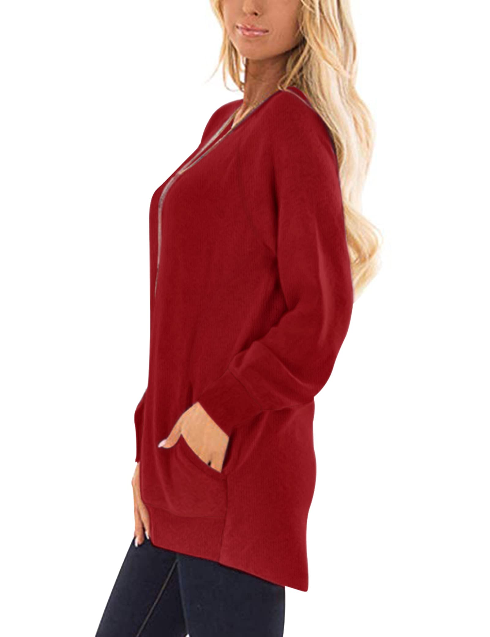 AUSELILY Womens Long Sleeve Tunic Tops Casual Loose Fit Sweatshirts Round Neck Pullover Blouse Sweatshirts with Pocket Ruby XL