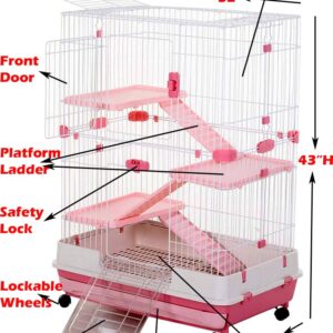 Pink Extra Large Deluxe Indoor Outdoor Multi-Level Guinea Pig Chinchilla Ferret Squirrel Hedgehog Kitten Rabbit Bunny Hutch House Critter Habitat Removable Washable Tray with Lockable Casters