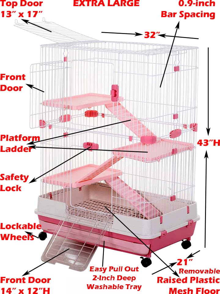 Pink Extra Large Deluxe Indoor Outdoor Multi-Level Guinea Pig Chinchilla Ferret Squirrel Hedgehog Kitten Rabbit Bunny Hutch House Critter Habitat Removable Washable Tray with Lockable Casters