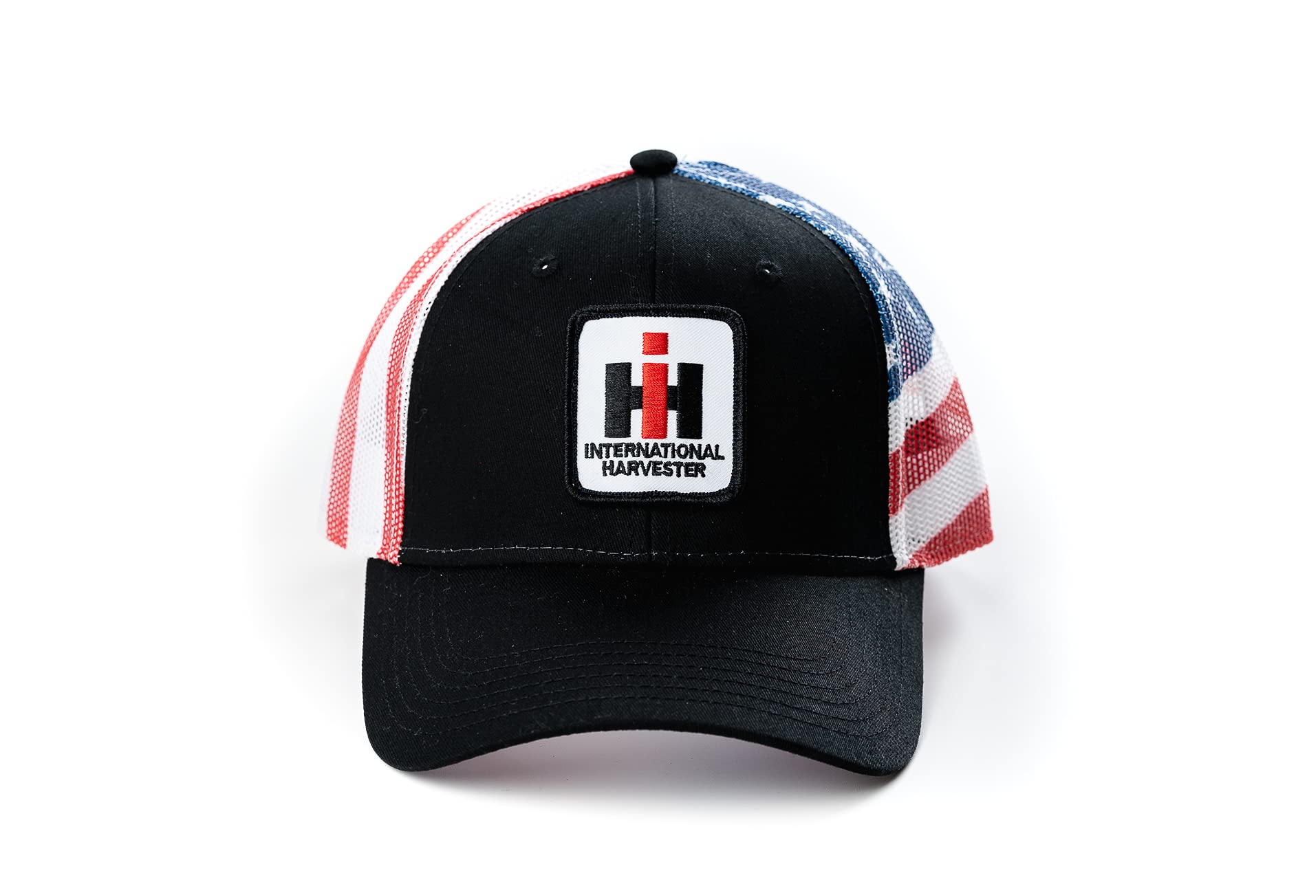 J&D Productions, Inc. International Harvester IH Logo Hat, Black with Flag Mesh Back