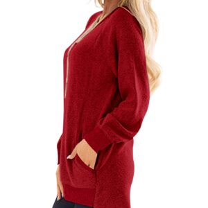 AUSELILY Womens Long Sleeve Tunic Tops Casual Loose Fit Sweatshirts Round Neck Pullover Blouse Sweatshirts with Pocket Ruby XL