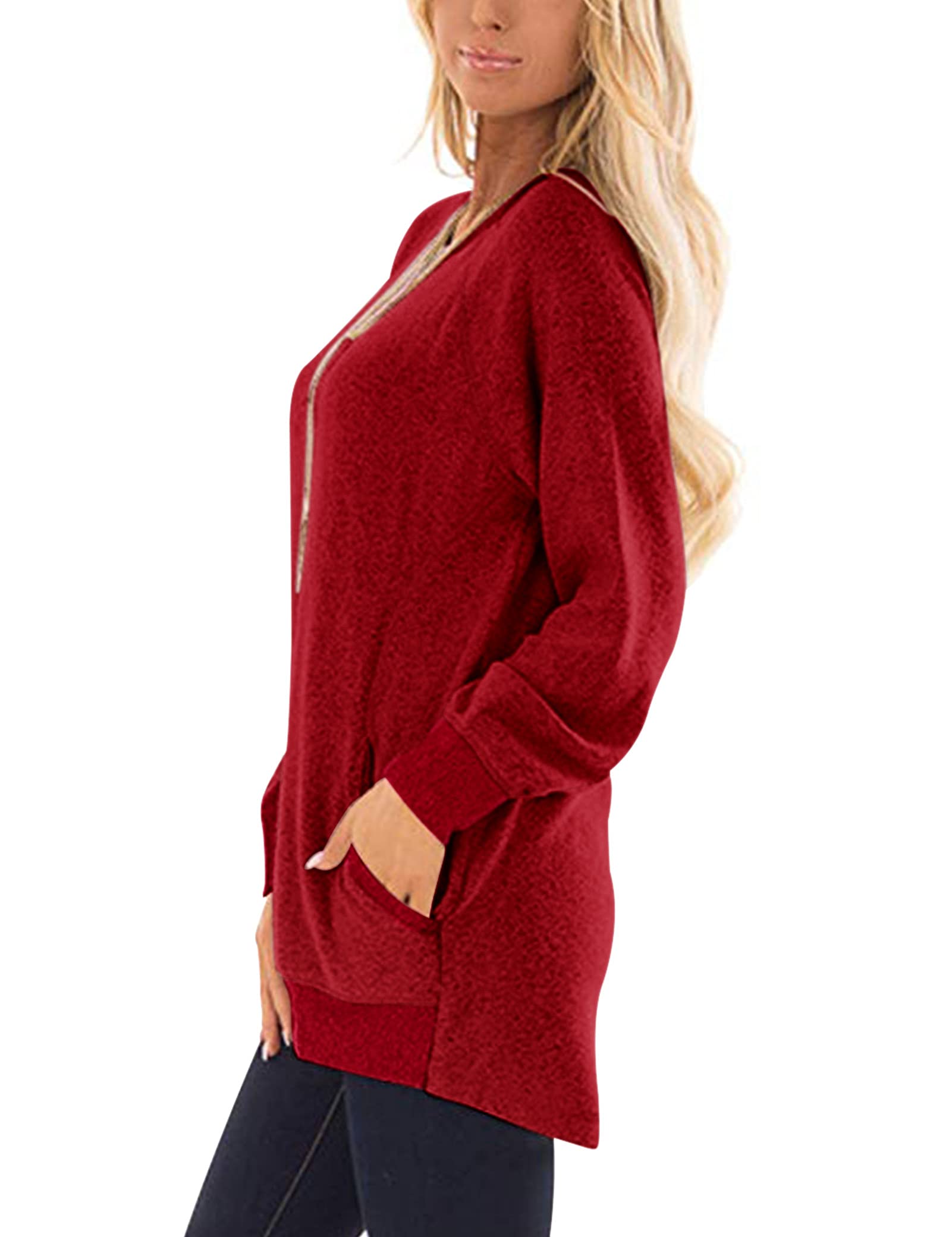 AUSELILY Womens Long Sleeve Tunic Tops Casual Loose Fit Sweatshirts Round Neck Pullover Blouse Sweatshirts with Pocket Ruby XL