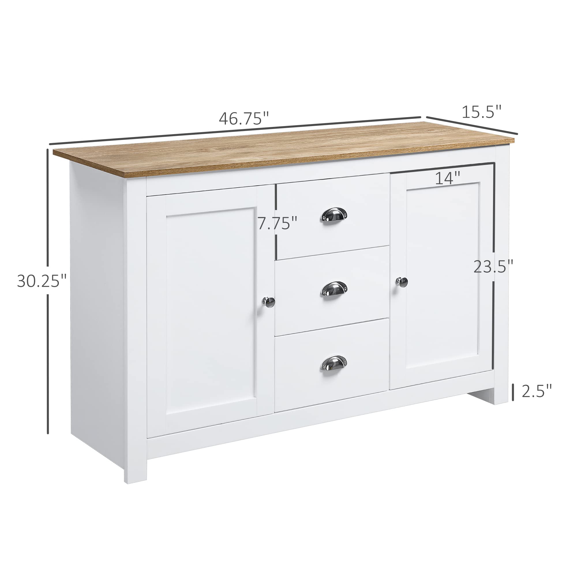 HOMCOM Kitchen Sideboard with Adjustable Shelves, Buffet Cabinet, Coffee Bar Cabinet with 3 Storage Drawers, White