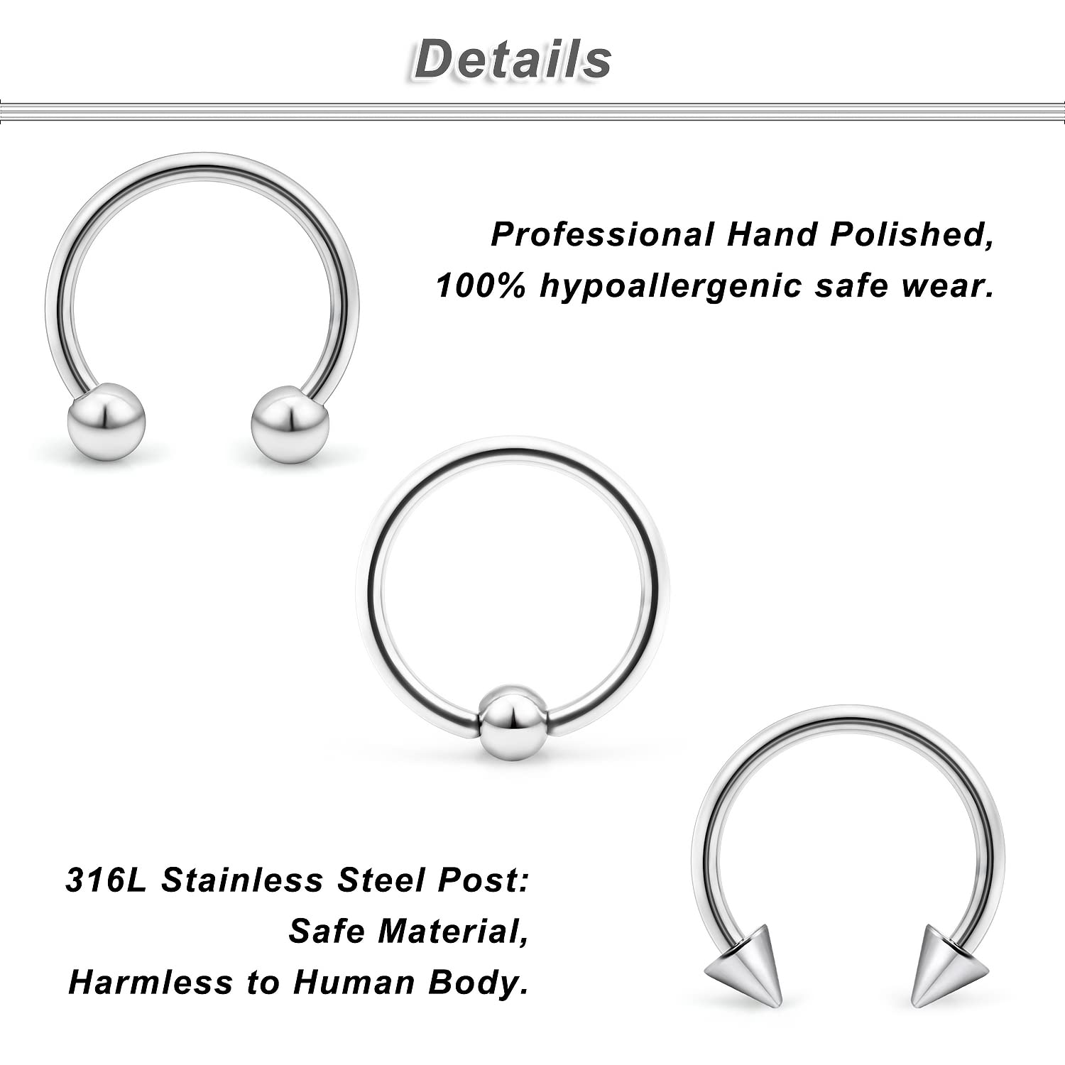 Ocptiy 8G Septum Ring Jewelry Ear Earrring Gauges Tunnel Plug stretching kit Big Large Septum Nose lip Ring Hoop Stainless Surgical Steel Cartilage Helix Tragu Earring Piercing Jewerly Women Men 12mm