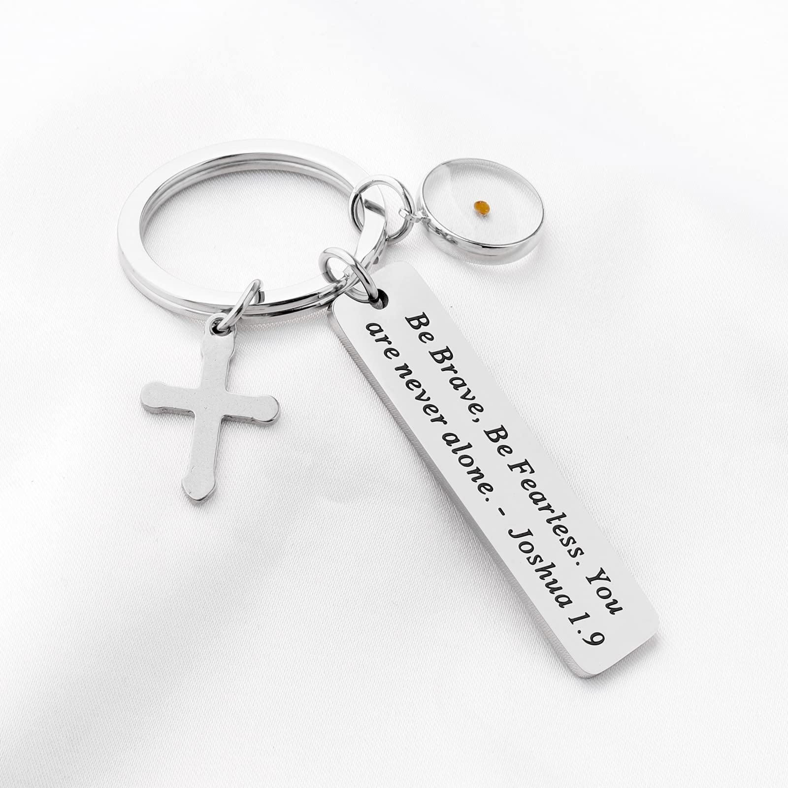 FEELMEM Mustard Seed Faith Gift Be Brave Be Fearless You Are Never Alone Joshua 1:9 Bible Verse Keychain Inspirational Faith Gift Religious Jewelry (Mustard Seed-KY)