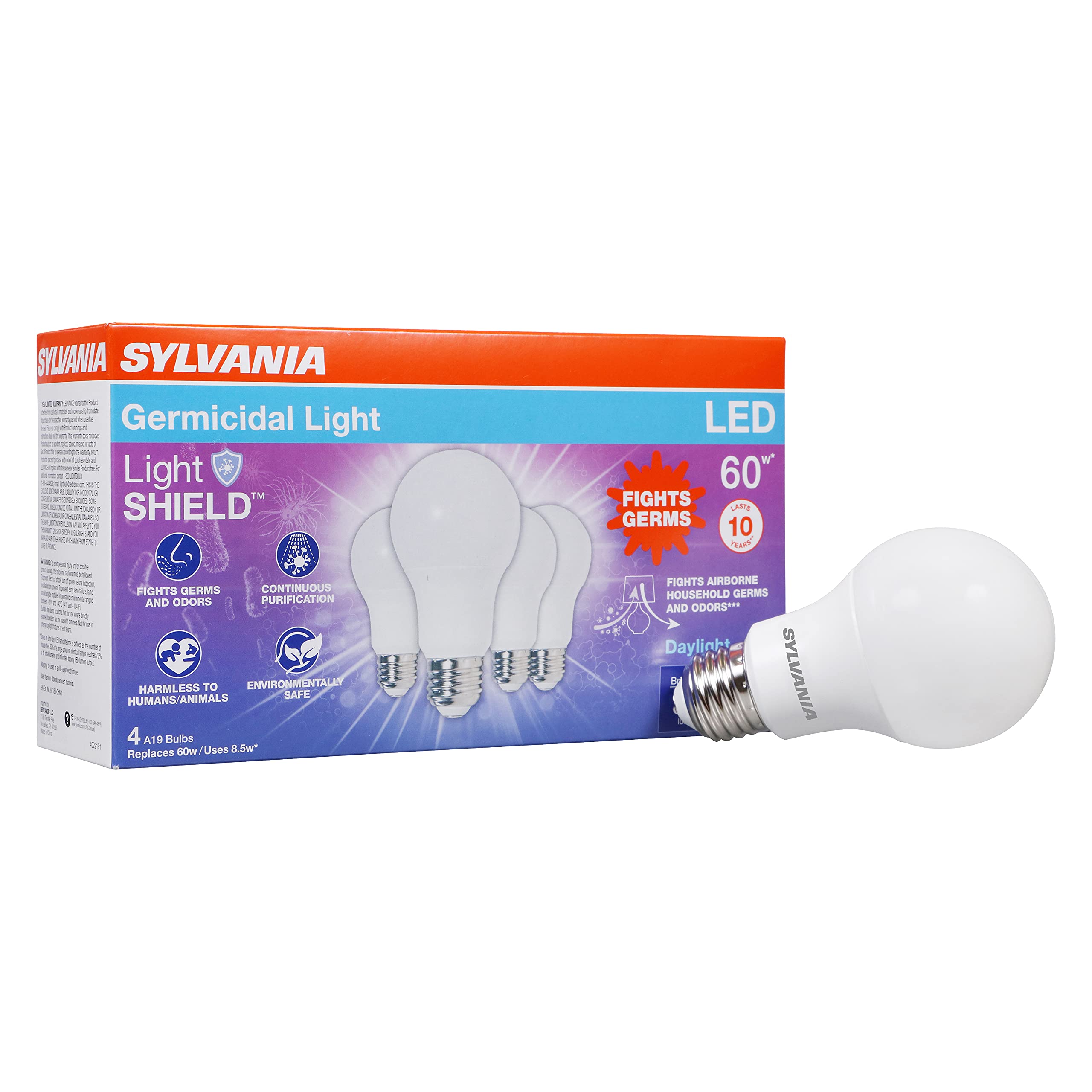 SYLVANIA LightSHIELD A19 Germicidal LED Light Bulb, 8.5W=60W, 10 yr, Non-Dimmable, 800 lm, 5000K, Daylight - 4 Pack (41068)