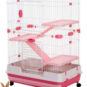 Pink Extra Large Deluxe Indoor Outdoor Multi-Level Guinea Pig Chinchilla Ferret Squirrel Hedgehog Kitten Rabbit Bunny Hutch House Critter Habitat Removable Washable Tray with Lockable Casters