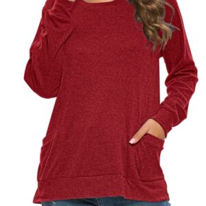 AUSELILY Womens Long Sleeve Tunic Tops Casual Loose Fit Sweatshirts Round Neck Pullover Blouse Sweatshirts with Pocket Ruby XL