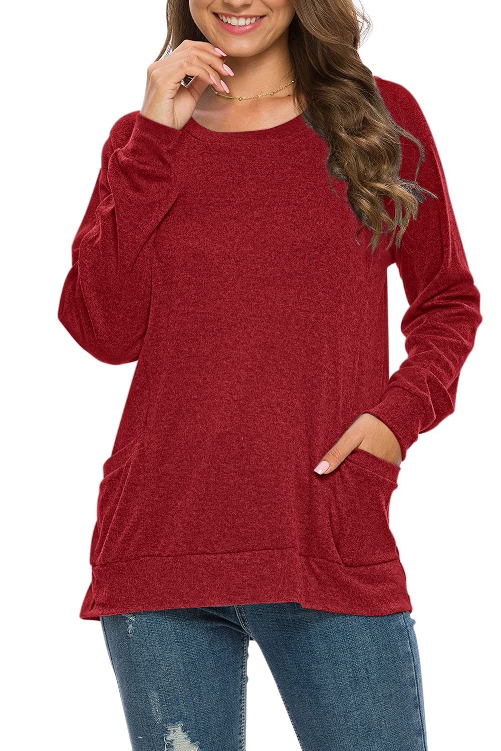 AUSELILY Womens Long Sleeve Tunic Tops Casual Loose Fit Sweatshirts Round Neck Pullover Blouse Sweatshirts with Pocket Ruby XL