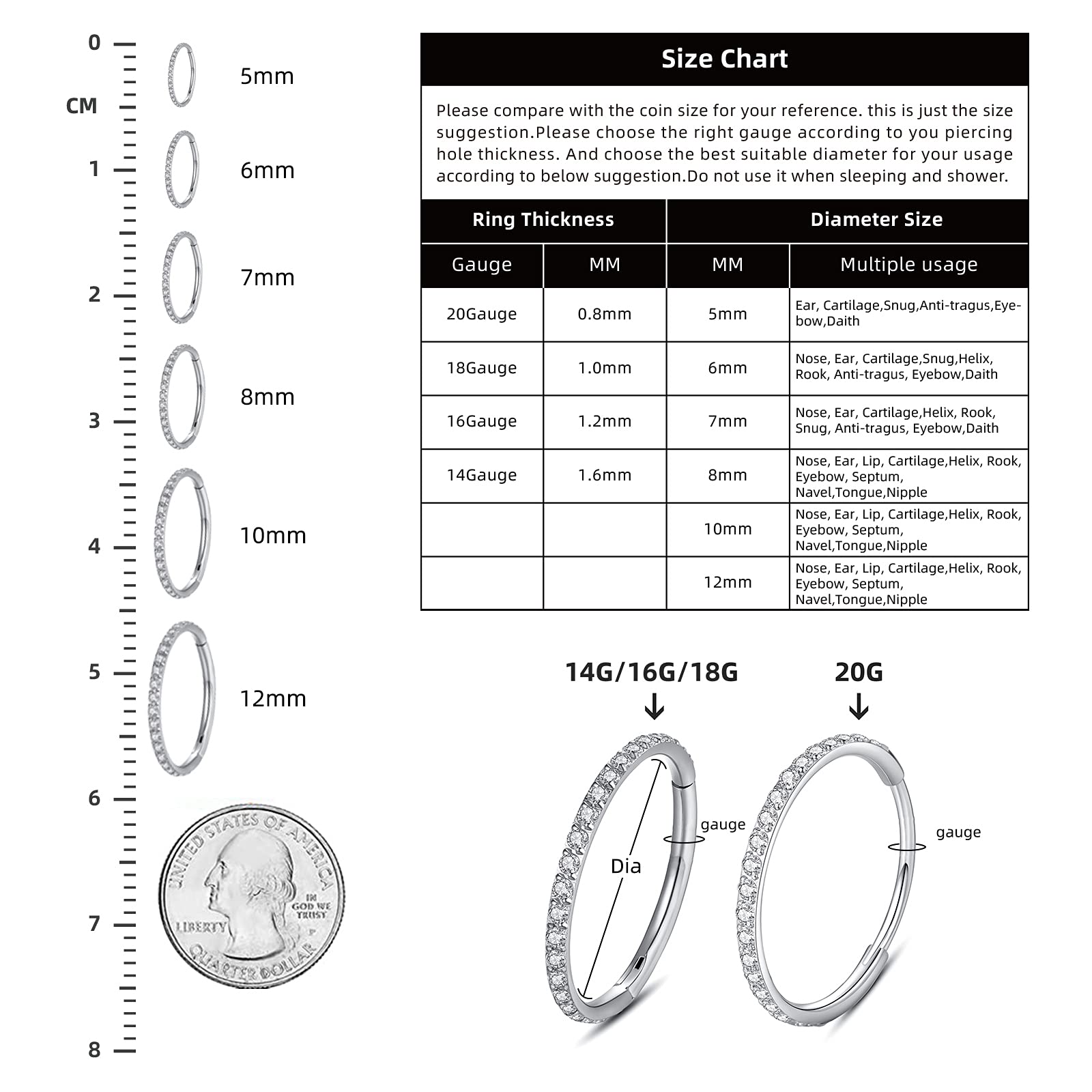 WYR Unisex Nose Ring Hoop with White Opal 20G(0.8mm) Diameter 10mm 316L Surgical Stainless Steel Hinged Flat Hinged Segment Ring Lip Rings Helix Cartilage Rook Earrings, Silver color ring