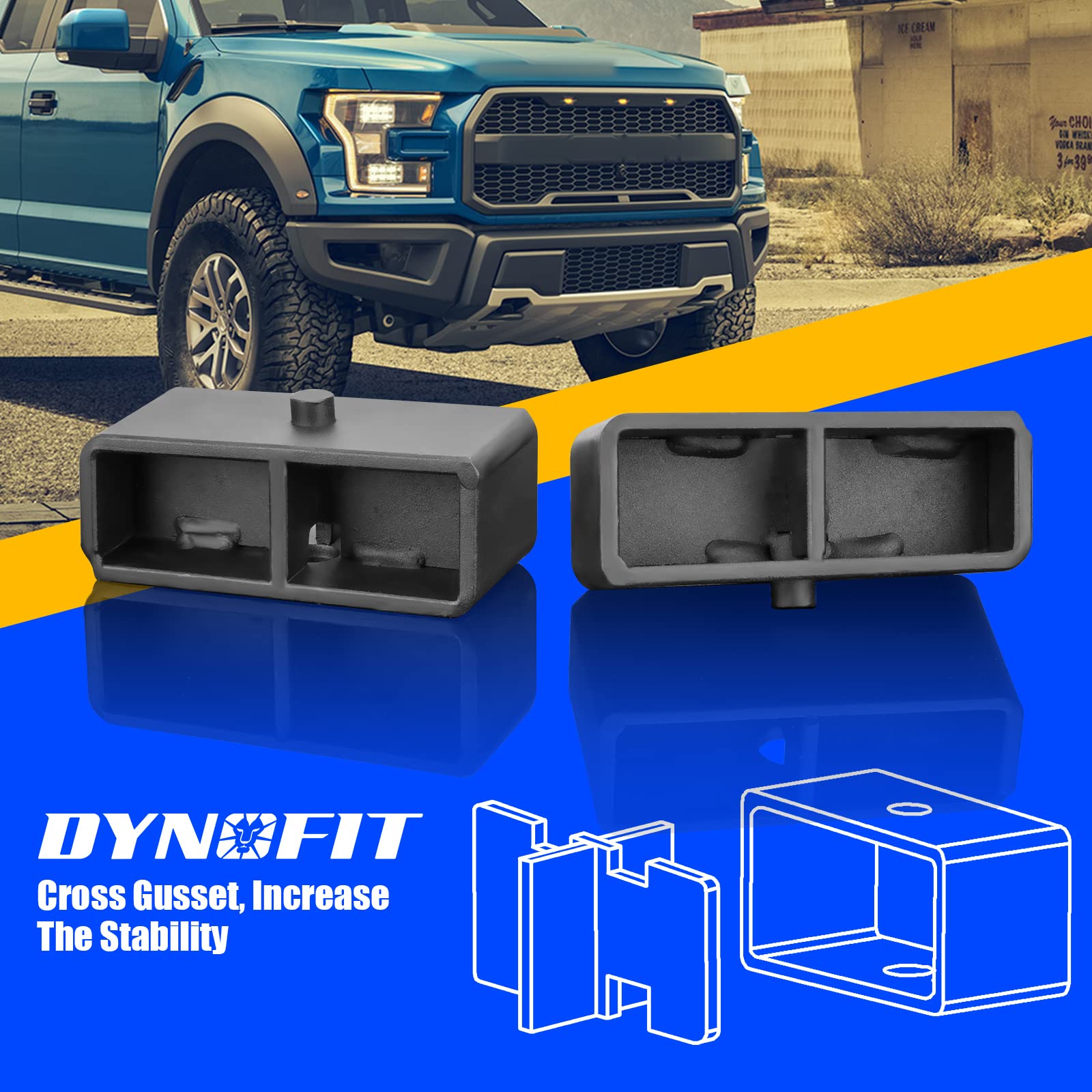 dynofit 2 inch Rear Lift Blocks for Silverado 1500 Sierra 1500, 2" Rear Leveling Block Kit Compatible with 2007-2021 Chevy Silverado 1500, GMC Sierra 1500, Lift Block and Square Leaf Spring Ubolt Kit