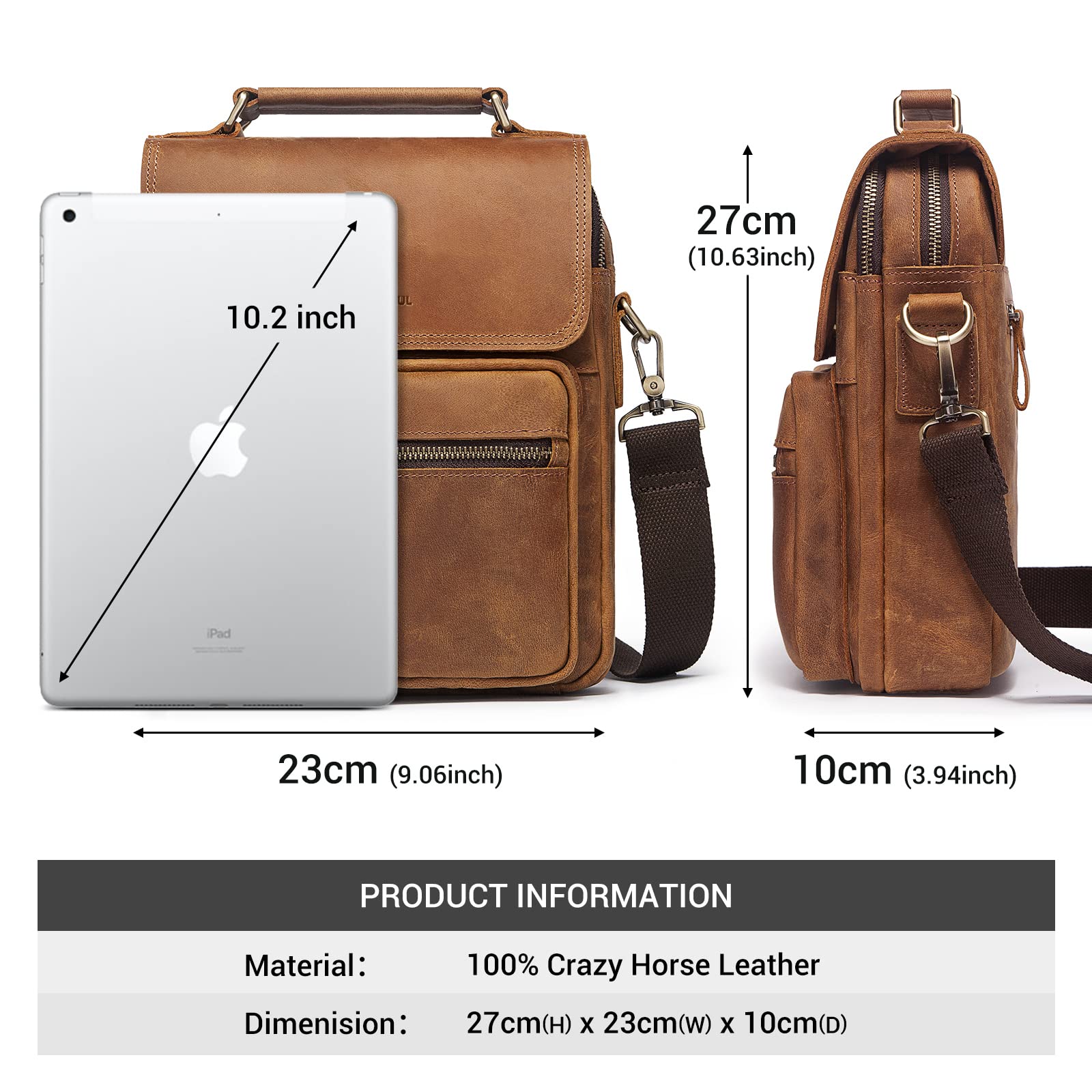 HUMERPAUL Genuine Leather Crossbody Sling Bag Messenger Man Purse Handbags for Mens Zipper Shoulder Bag for Work Business (Brown)