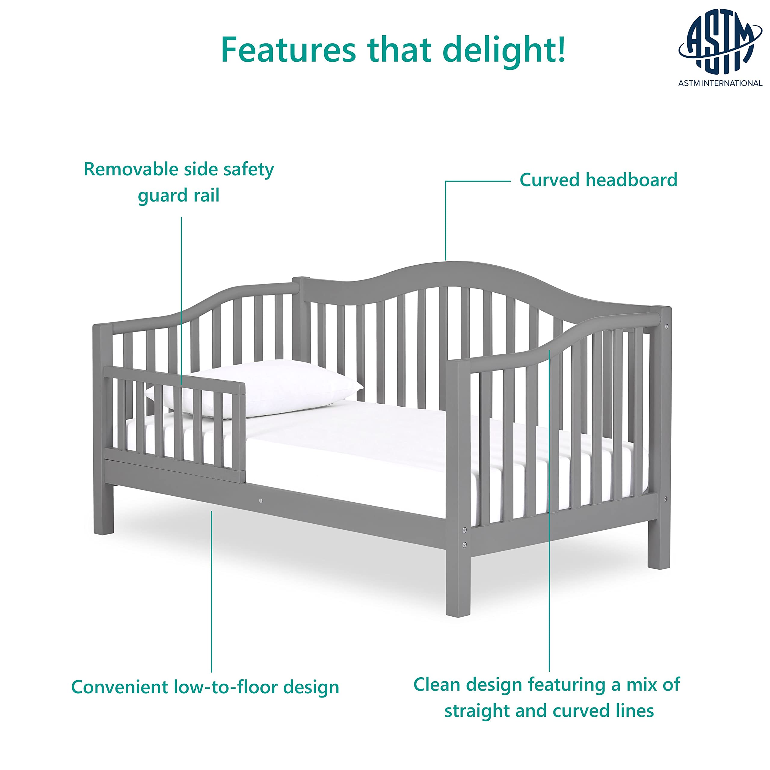 Dream On Me Austin Toddler Day Bed in Steel Grey, Greenguard Gold Certified, JPMA Certified, Non-Toxic Finishes, Low to Floor Design, Side Safety Guard Rail