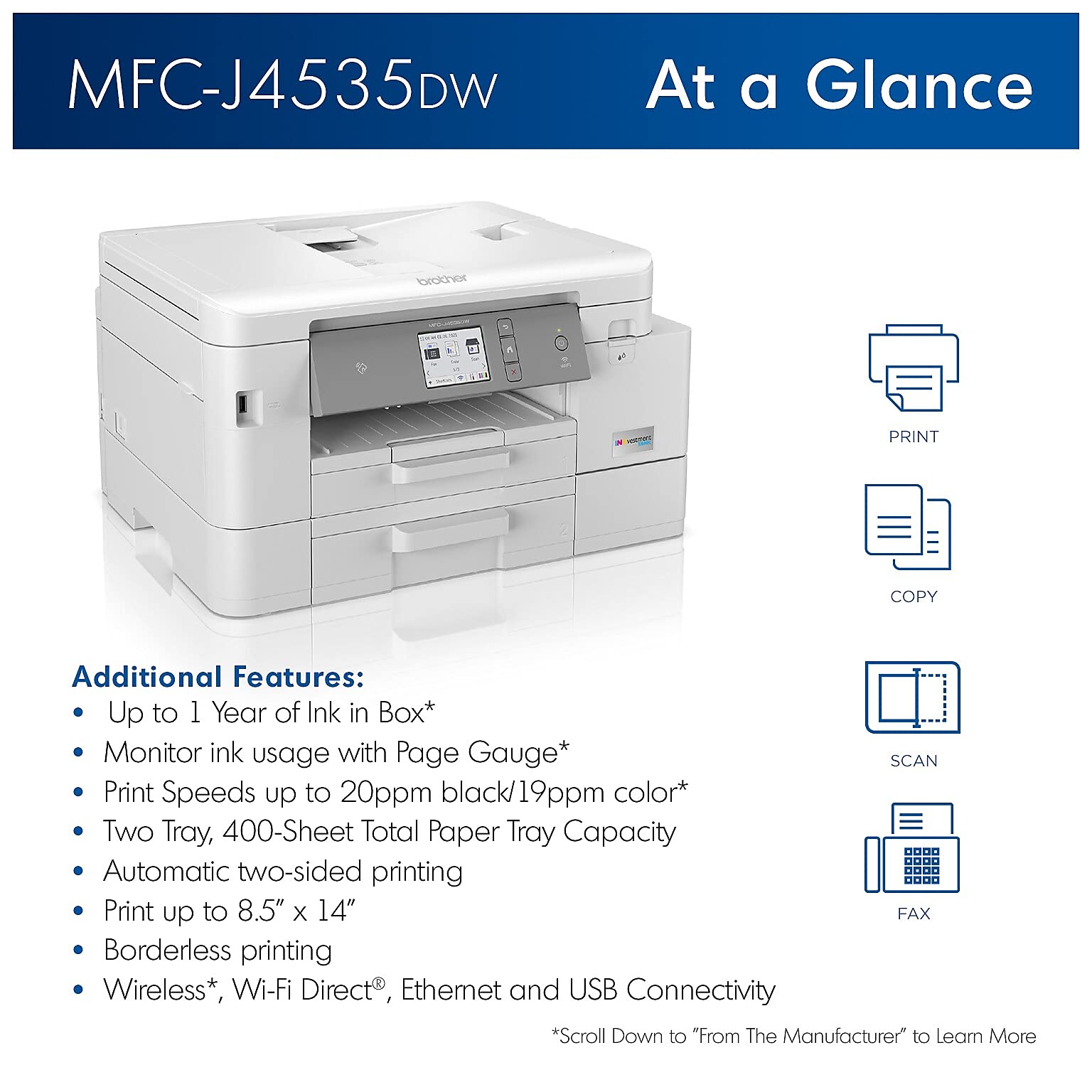 Brother INKvestment Tank MFC-J4535DW Wireless Color All-in-One Inkjet Printer - Print Copy Scan Fax - 20 ppm, 4800 x 1200 dpi, 8.5" x 14", Auto 2-Sided Printing, 20-Sheet ADF, Tillsiy Printer Cable