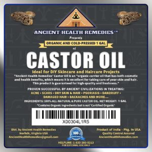 ANCIENT HEALTH REMEDIES Organic Unrefined Cold Pressed PURE CASTOR CARRIER OIL Bulk Wholesale Beauty, Hair Growth Moisturizing DIY Oil For Body Butter Skin Products & Skin Softening(INDIA) (1 gallon)