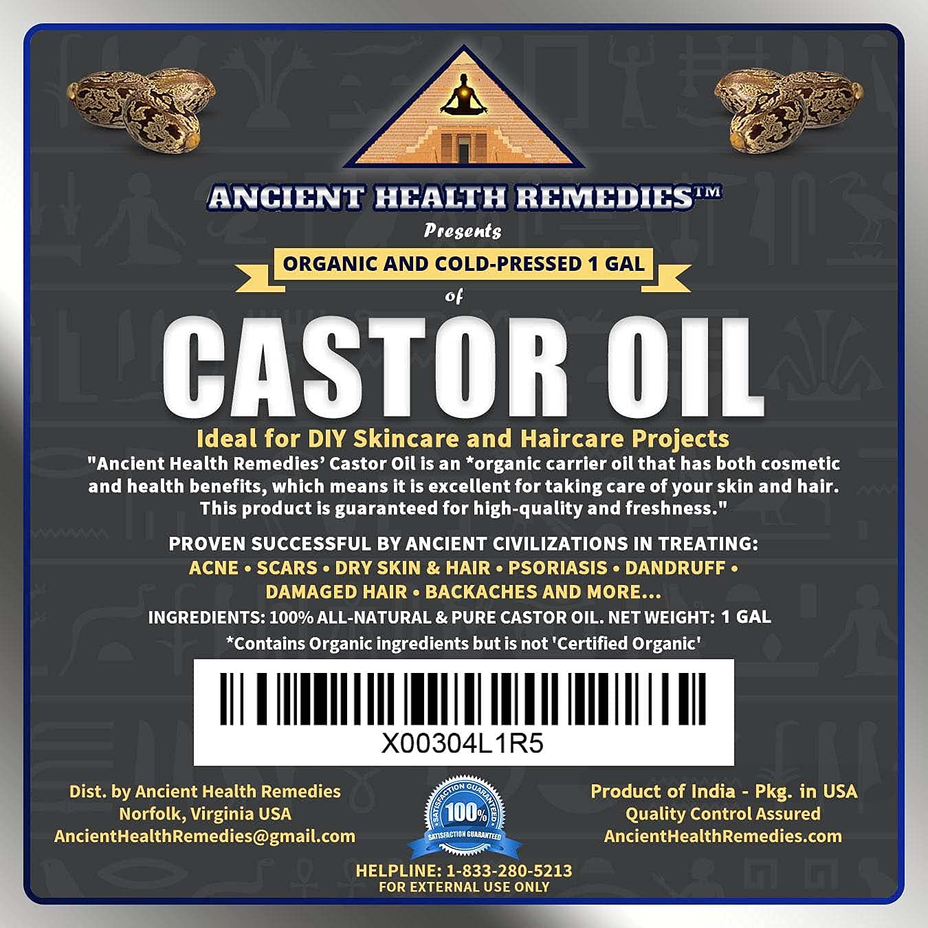 ANCIENT HEALTH REMEDIES Organic Unrefined Cold Pressed PURE CASTOR CARRIER OIL Bulk Wholesale Beauty, Hair Growth Moisturizing DIY Oil For Body Butter Skin Products & Skin Softening(INDIA) (1 gallon)