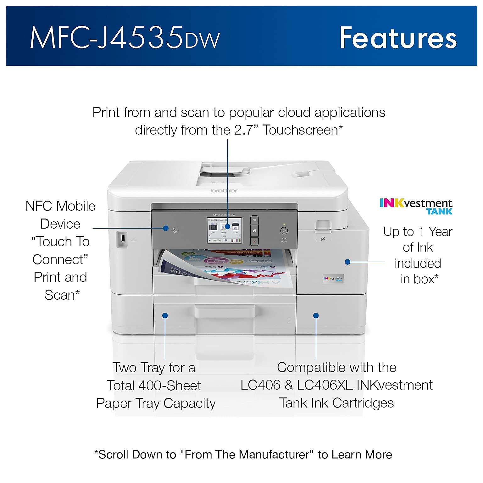 Brother INKvestment Tank MFC-J4535DW Wireless Color All-in-One Inkjet Printer - Print Copy Scan Fax - 20 ppm, 4800 x 1200 dpi, 8.5" x 14", Auto 2-Sided Printing, 20-Sheet ADF, Tillsiy Printer Cable